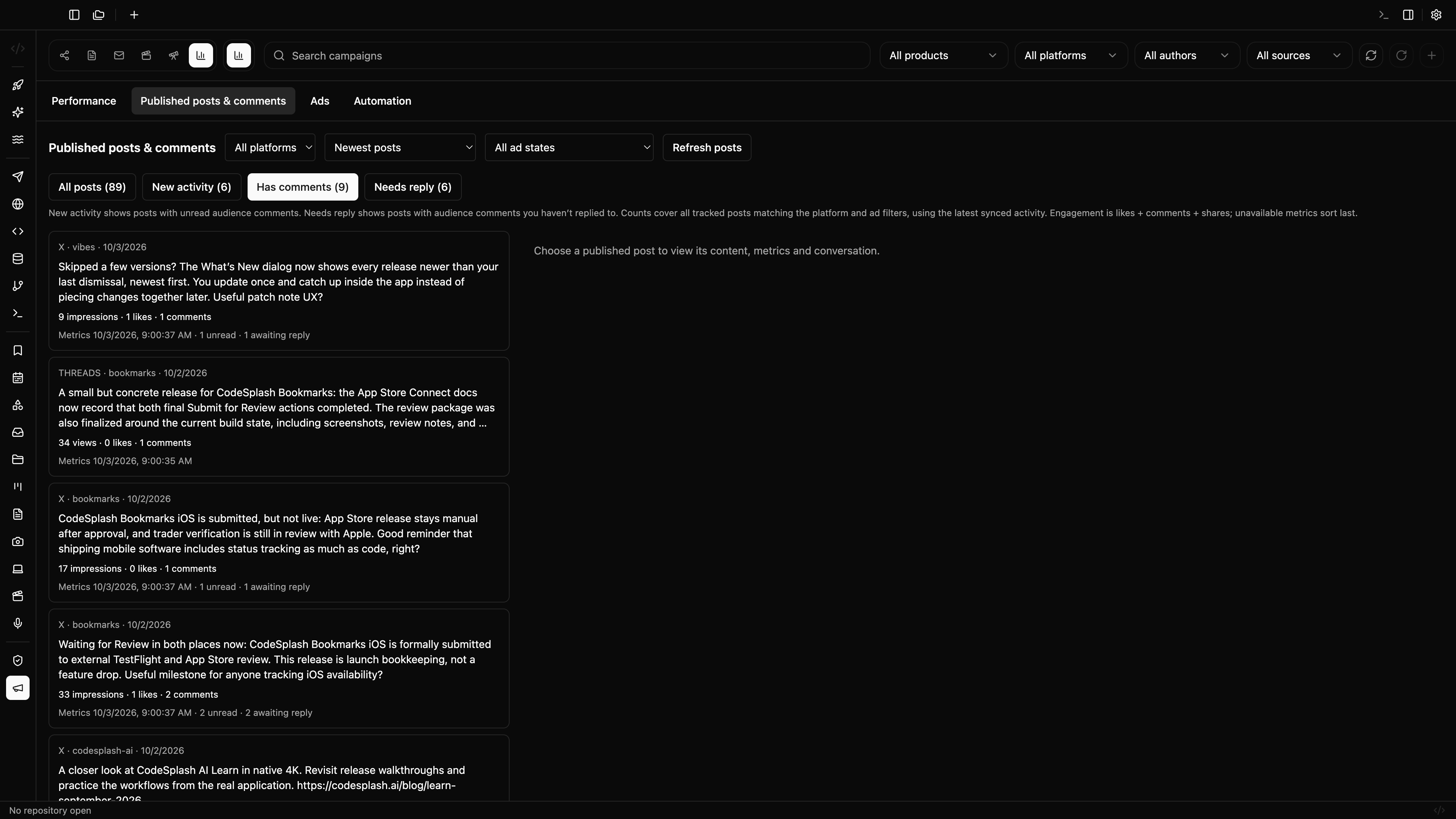 Find posts with comments — Find activity on your published social posts