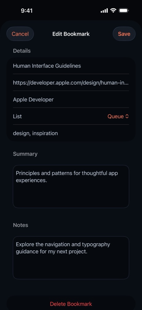Editing a bookmark's tags, summary, and notes on iPhone
