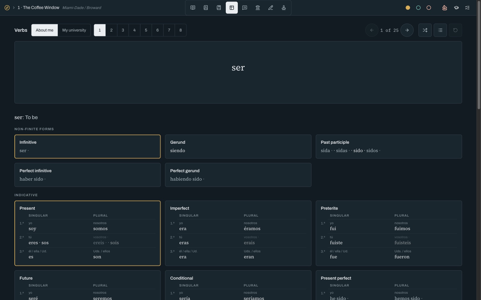 CodeSplash Language verb conjugation tables inside a chapter