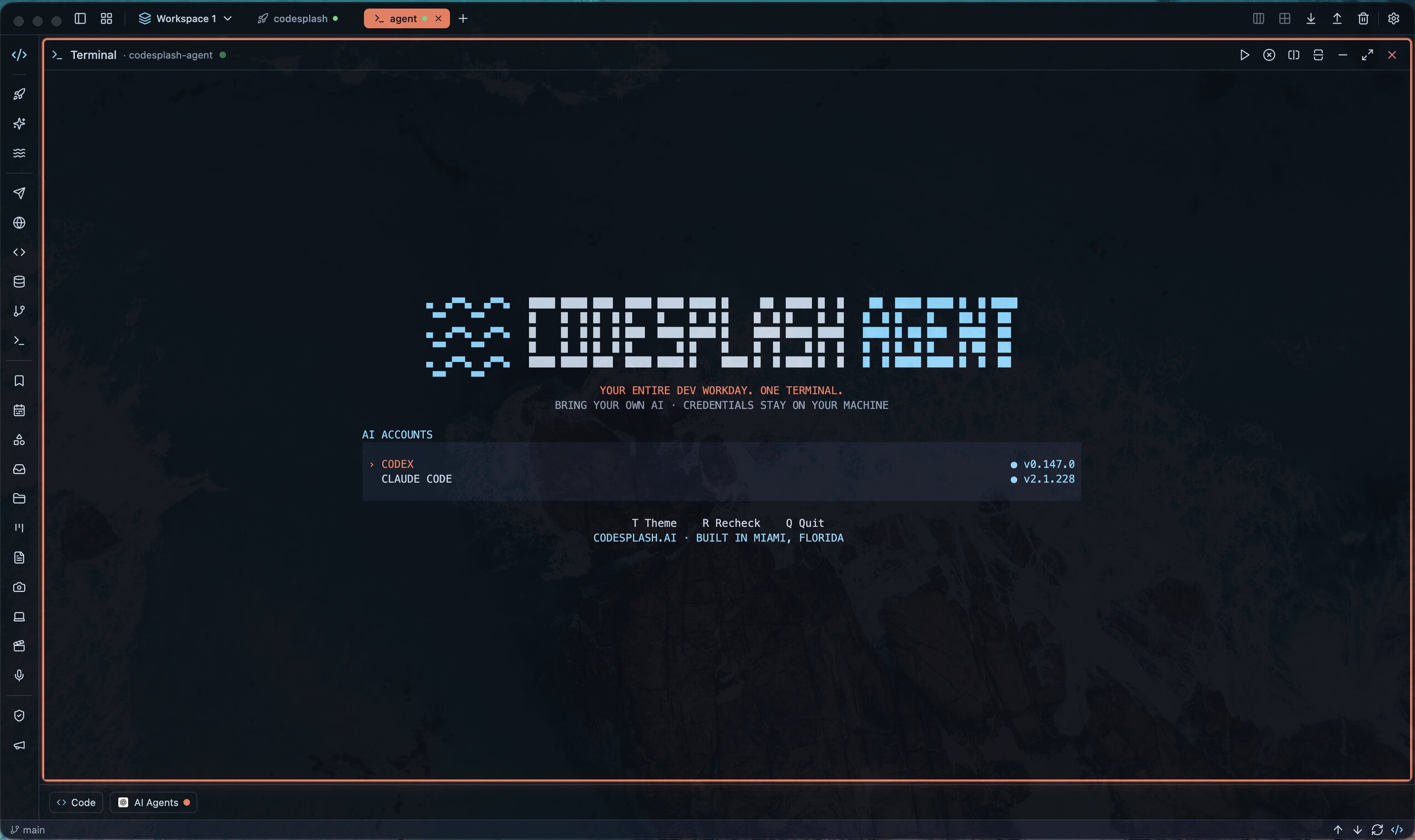 CodeSplash Agent welcome screen in the dark theme with Codex and Claude Code detected