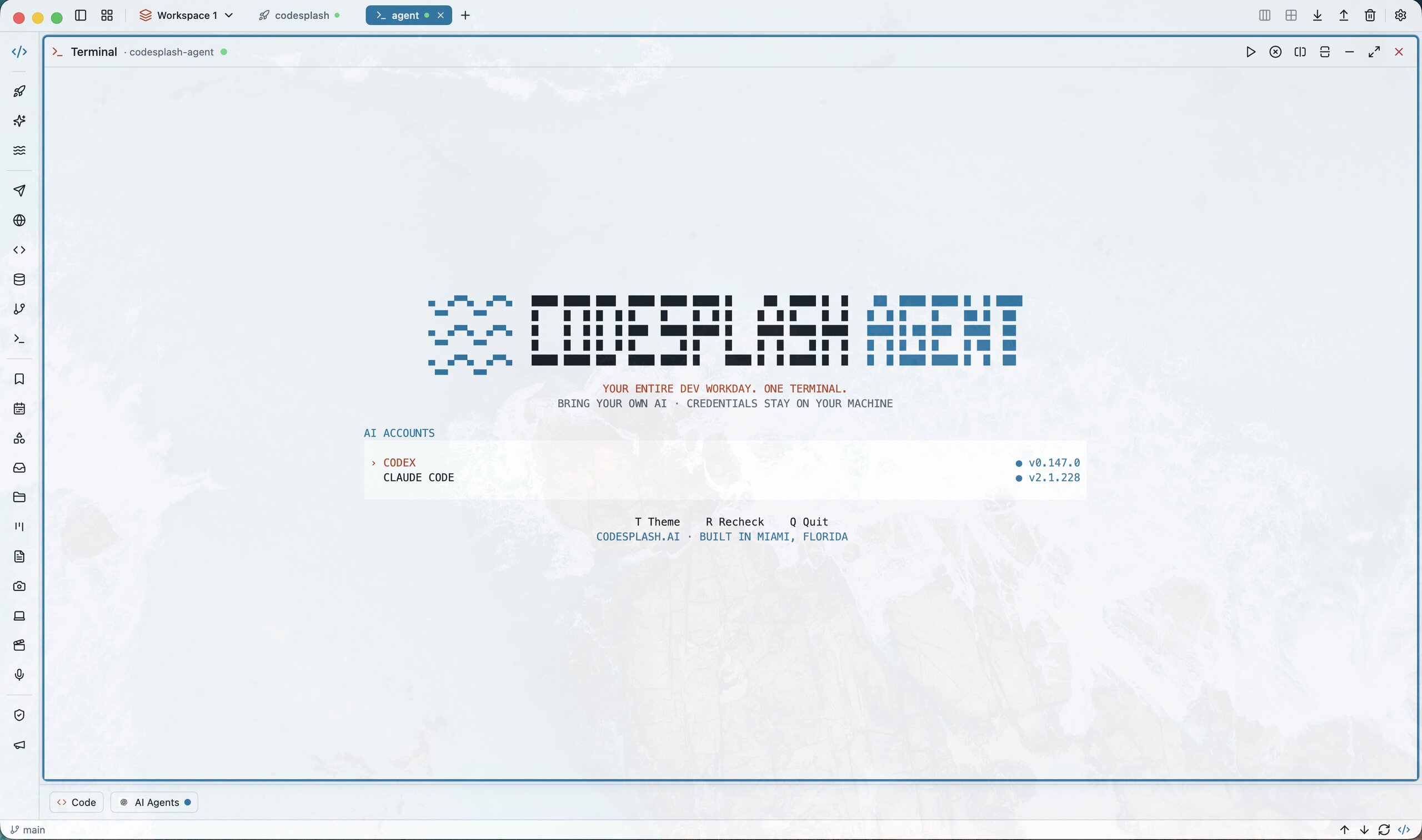 CodeSplash Agent welcome screen in the light theme
