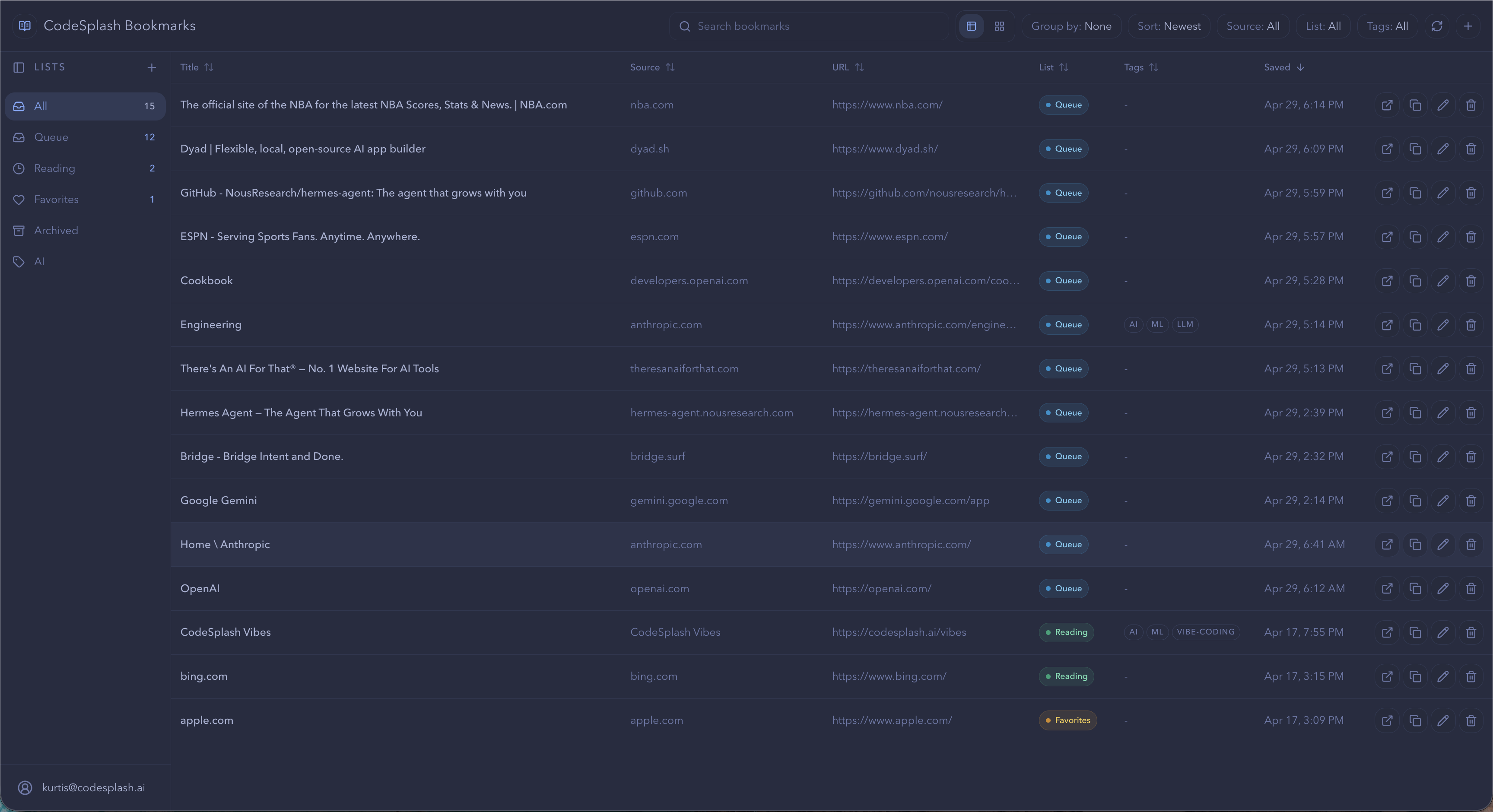 Dense list view for fast scanning