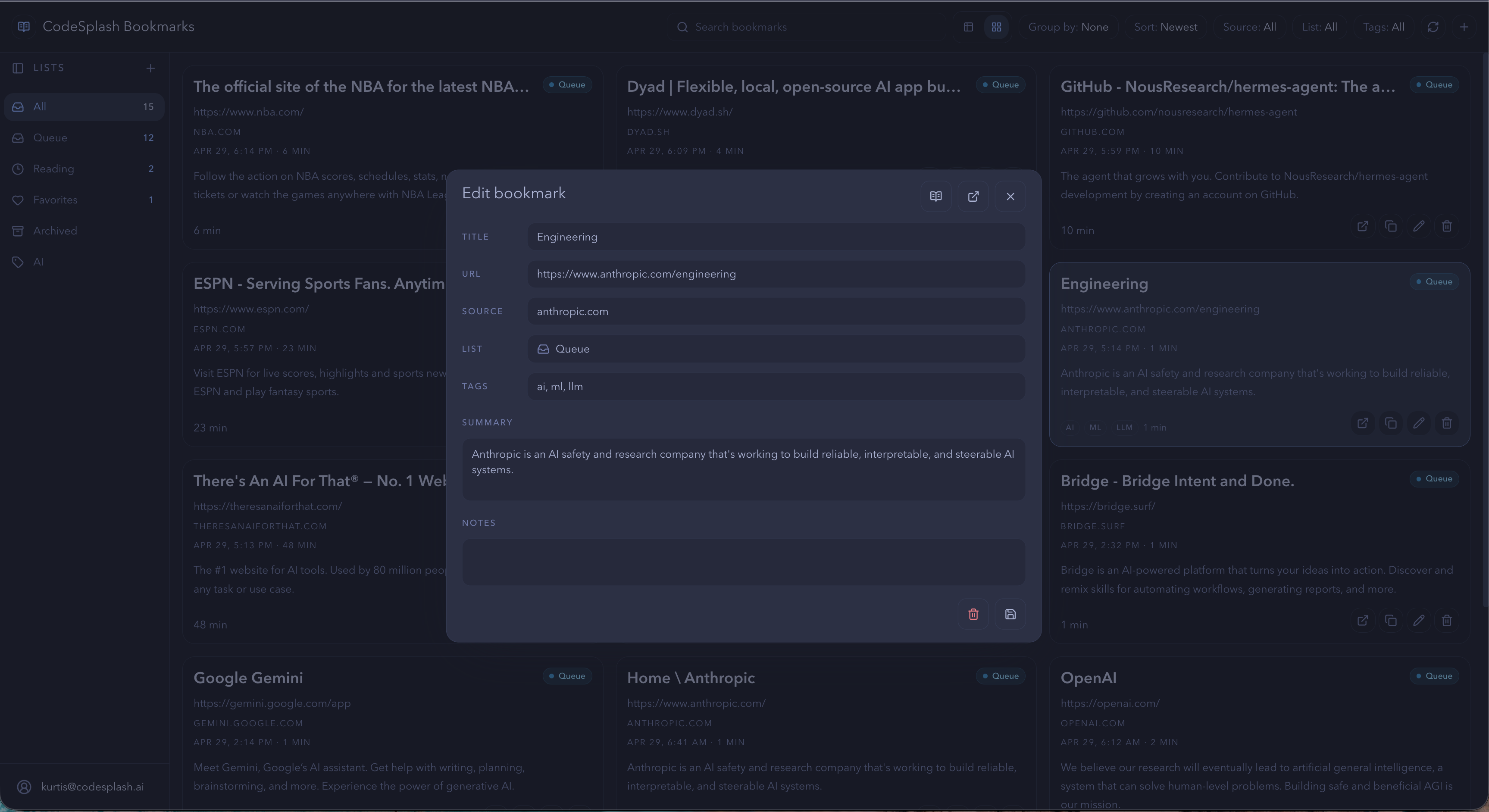Edit tags, notes, lists, and summary
