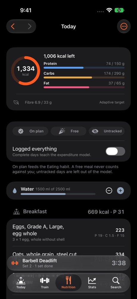 CodeSplash Gym nutrition tab with calories, macros, water, and meals