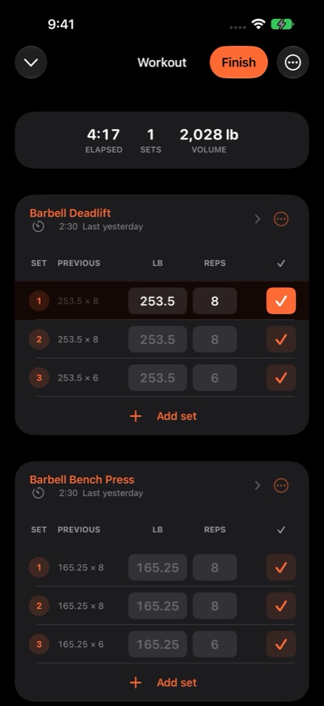 CodeSplash Gym active workout with previous sets shown beside each set