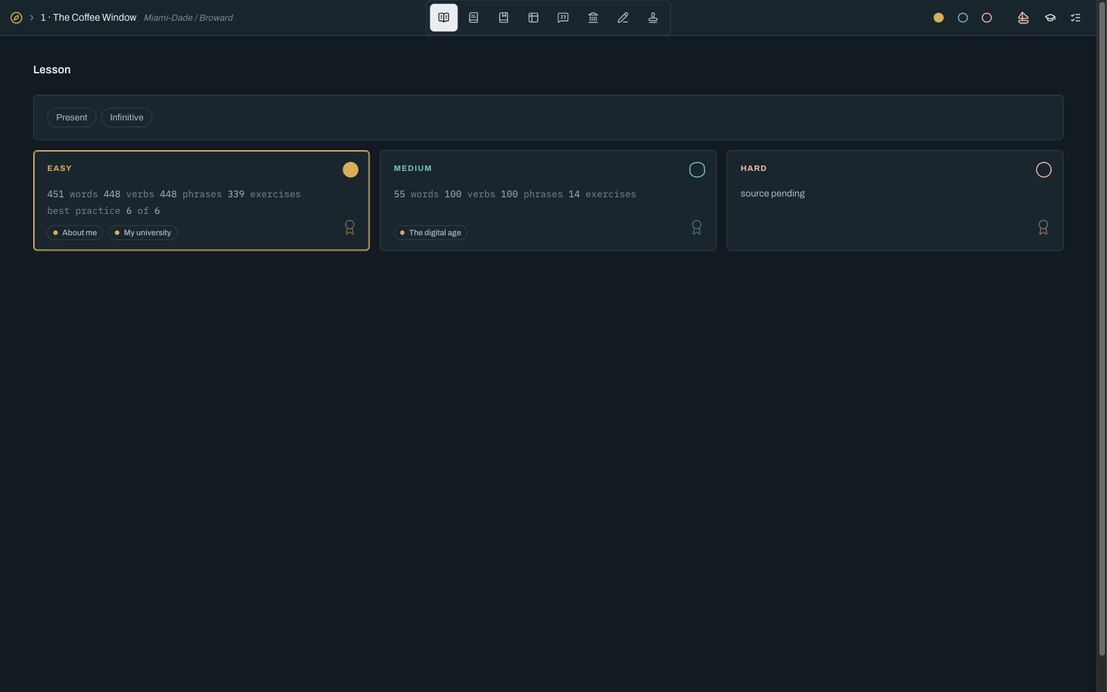 CodeSplash Language chapter page showing the Lesson tab with easy, medium, and hard tiers