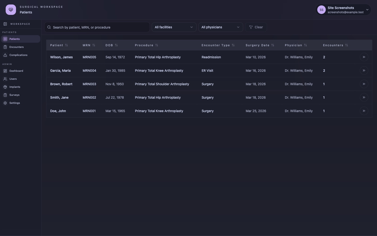 CodeSplash Surgery patient list with search, facility and physician filters, and sortable columns