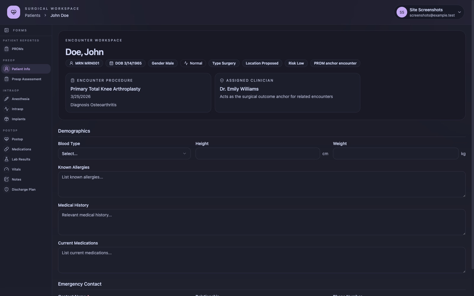 CodeSplash Surgery encounter workspace showing the patient header, procedure, clinician, and form tabs